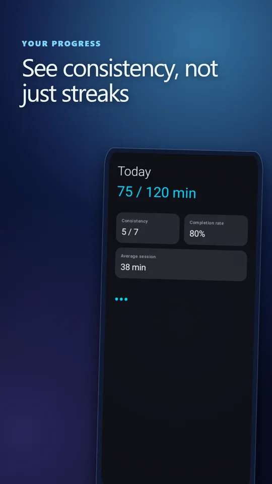Progress screen with today's minutes, consistency, completion rate and average session
