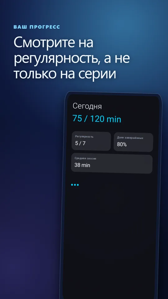 Экран прогресса: минуты за сегодня, регулярность, доля завершений и средняя сессия